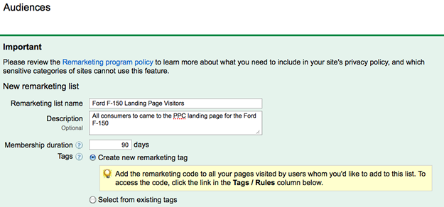Google Remarketing List Creation